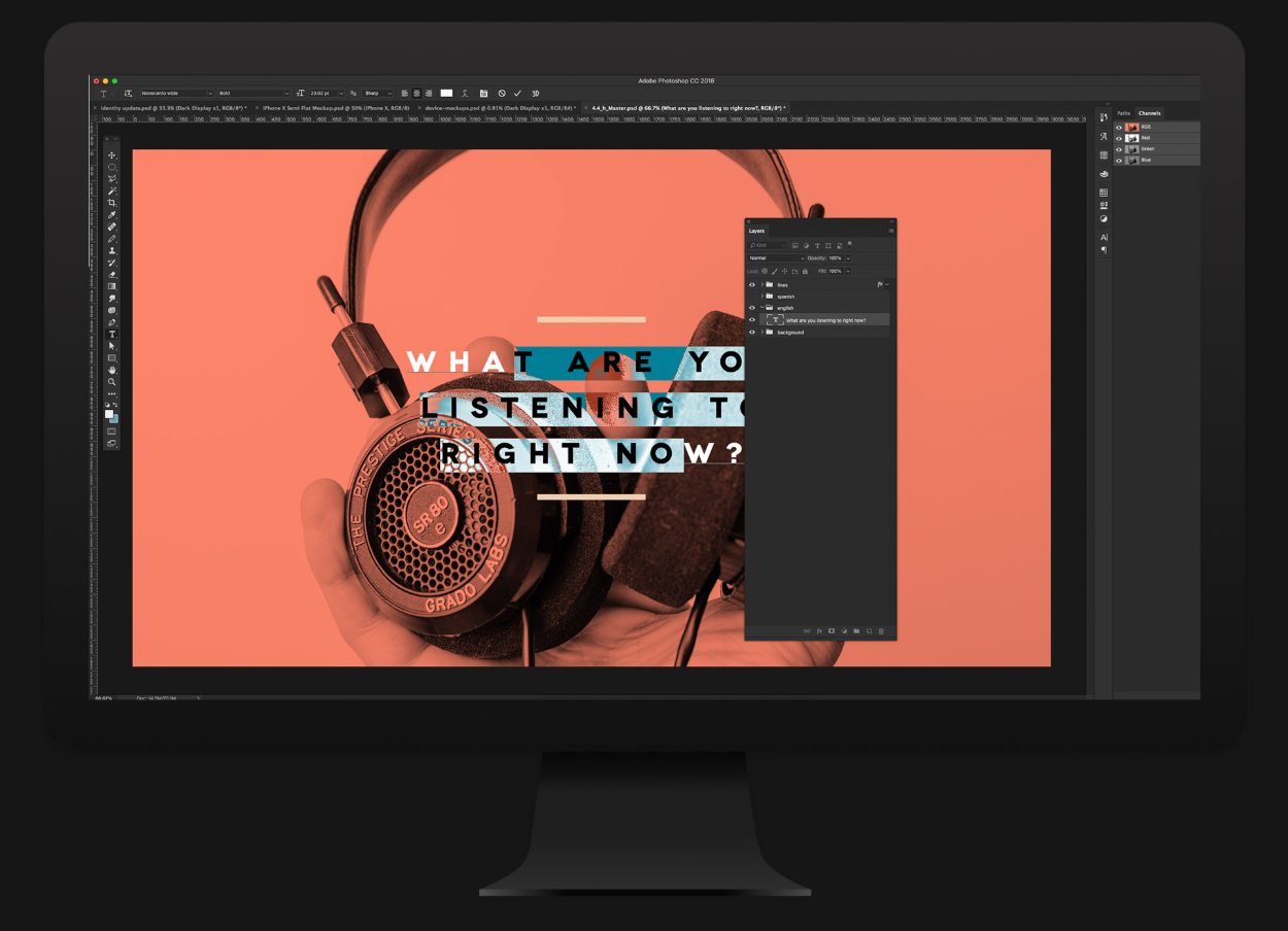A Photoshop template open on a monitor, showing its individual, labeled layers.